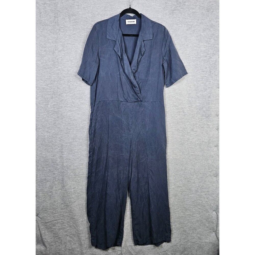 Rita Row V-neck Tencel Blend Short Sleeve Navy Romper Women's Size M